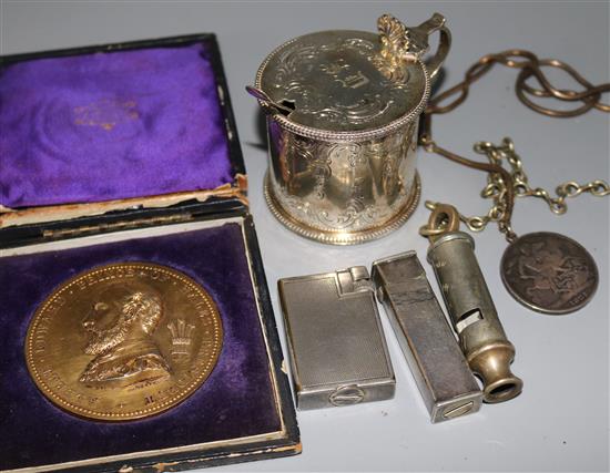 A Victorian silver mustard pot, 2 x Dunhill lighters, police whistle, mounted George IV coin and a cased medallion,